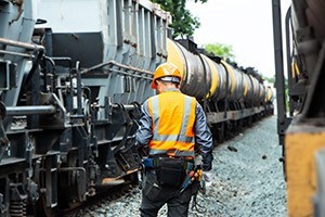 A worker standing next to a train